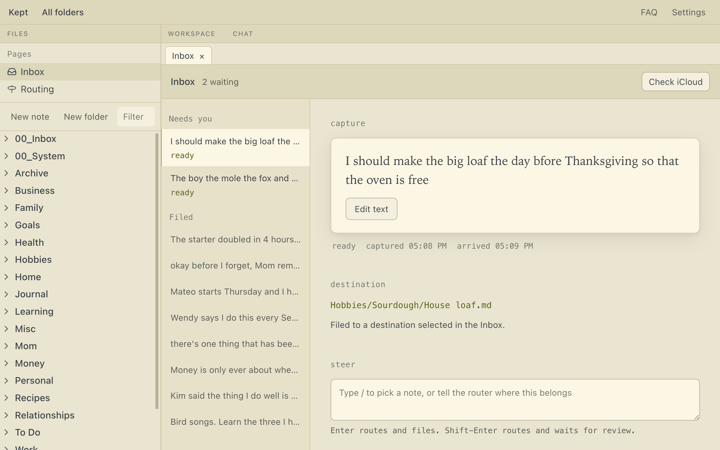 Kept proposing the right file for a newly arrived thought.