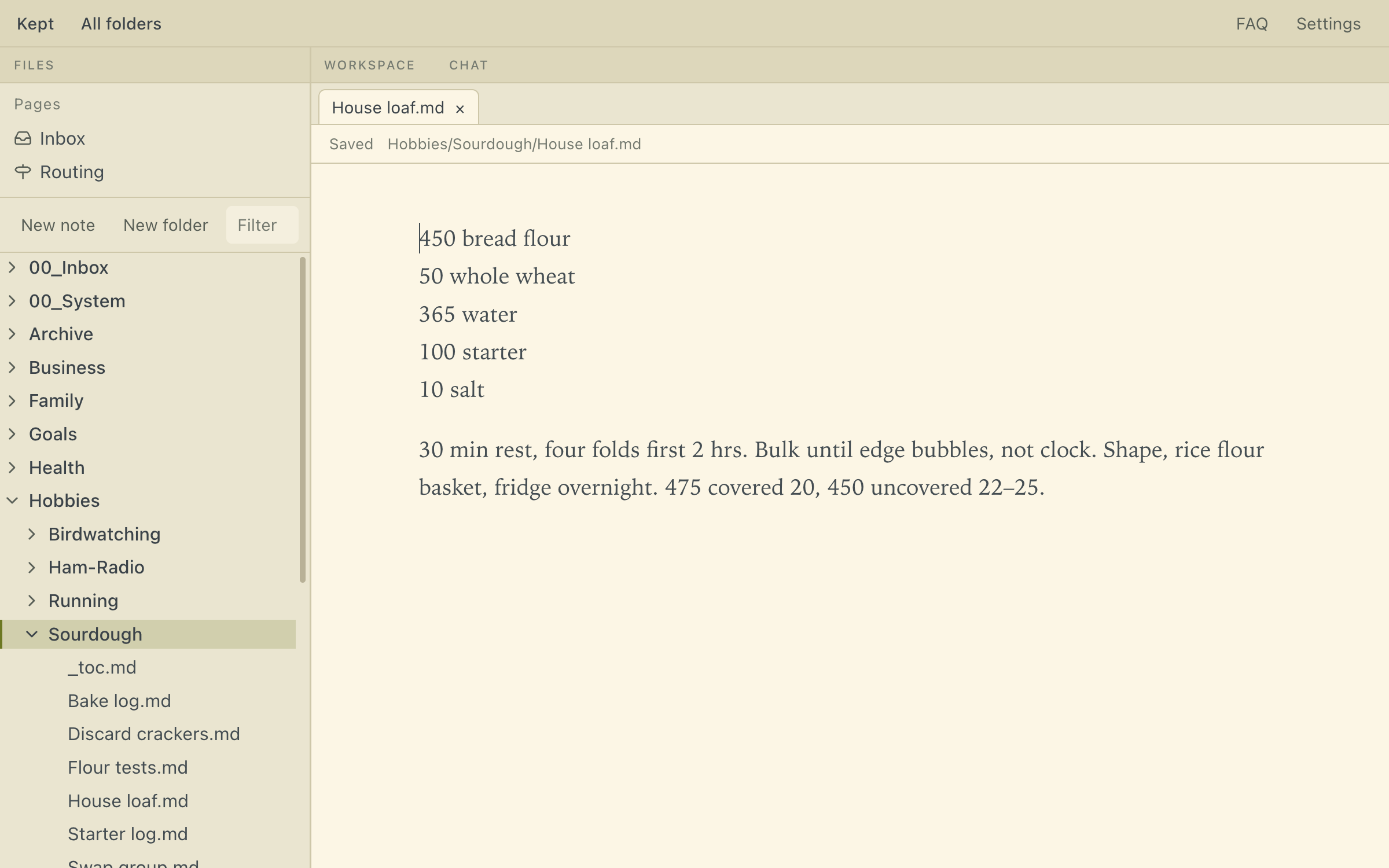 A family recipe open as a plain Markdown note in Kept.