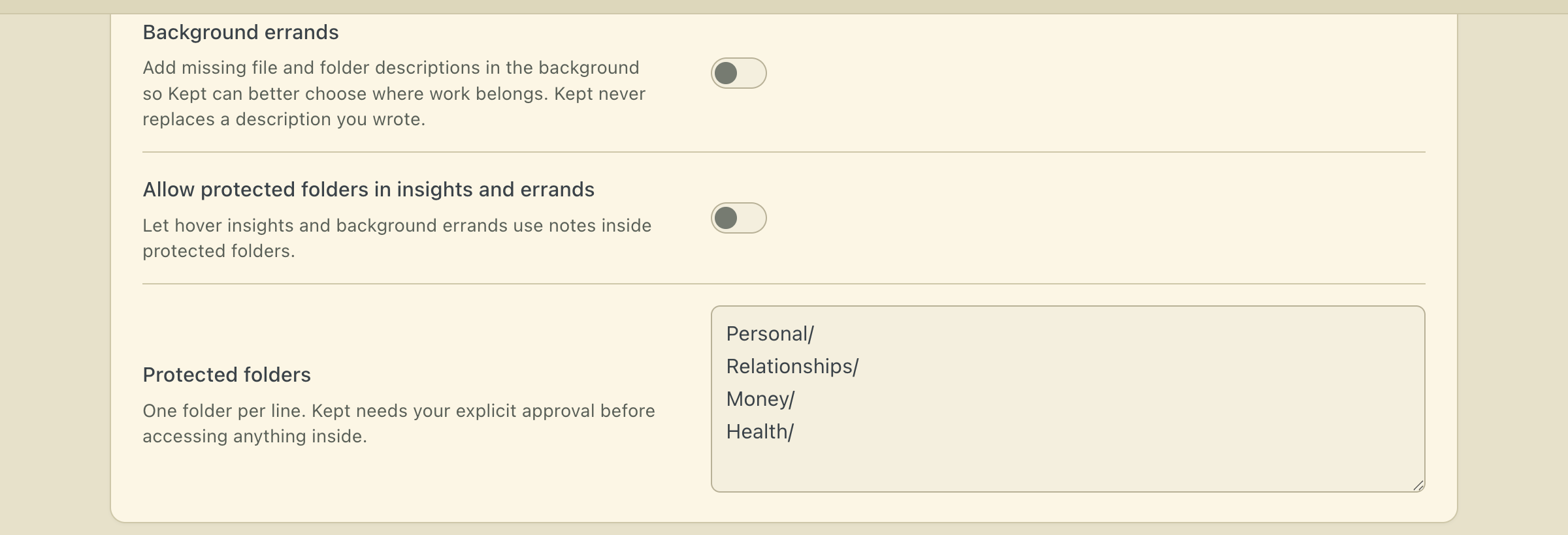 Protected folder controls in Kept settings.